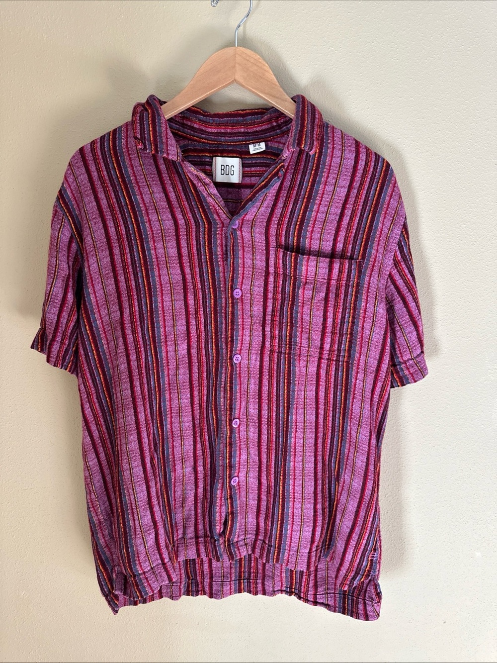 BDG Eli Dobby Stripe Shirt Purple Multi Mens M Boho Casual Summer Beach